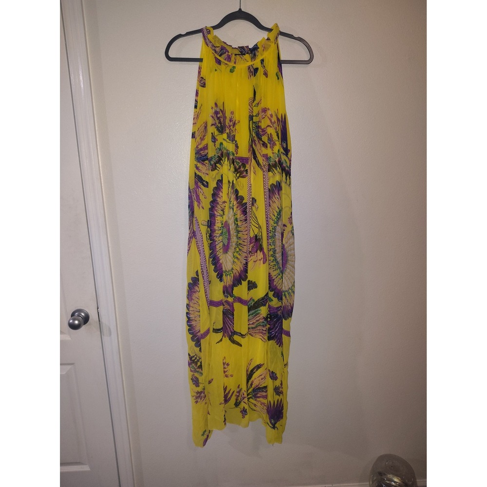 Fashion Yellow Floral Feather Print Halter Maxi Dress Sleeveless Belted XL